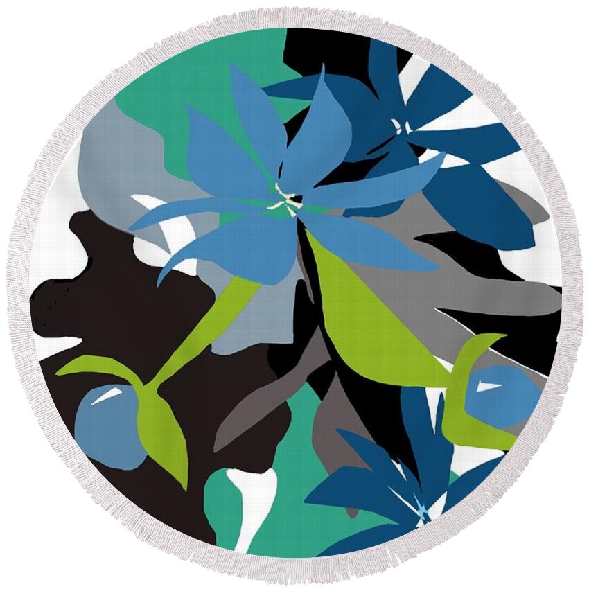Abstract Round Beach Towel featuring the digital art Jade Leaf Flowers by Christine Fournier