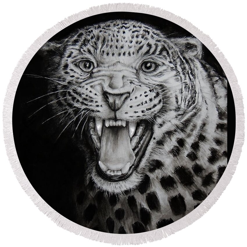 Feline Round Beach Towel featuring the drawing Jaguar by Jean Cormier