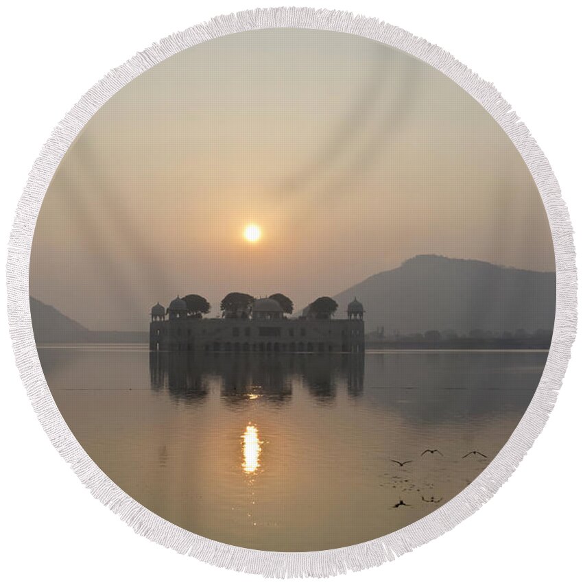 Sunrise Round Beach Towel featuring the photograph Jal Mahal in sunrise by Elena Perelman