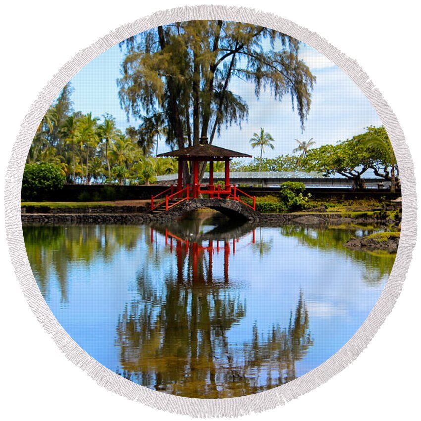 Queen Liliʻuokalani Park And Gardens Round Beach Towel featuring the photograph Japanese Gardens by Venetia Featherstone-Witty