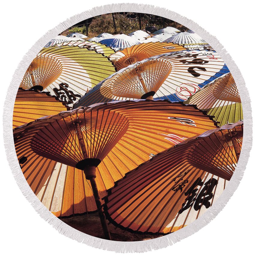 Japan Round Beach Towel featuring the photograph Japanese Umbrellas by George Holton