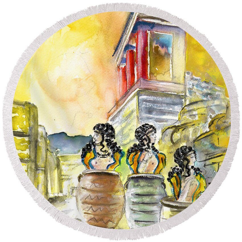 Travel Round Beach Towel featuring the painting Jar Genies in Knossos by Miki De Goodaboom