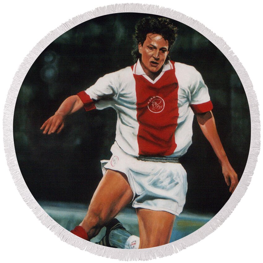 Jari Litmanen Round Beach Towel featuring the painting Jari Litmanen by Paul Meijering