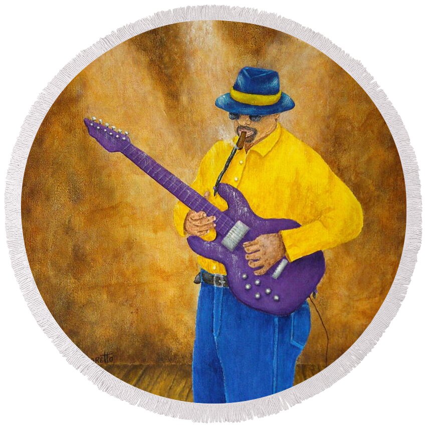 Allegretto Art Round Beach Towel featuring the painting Jazz Guitar Man by Pamela Allegretto