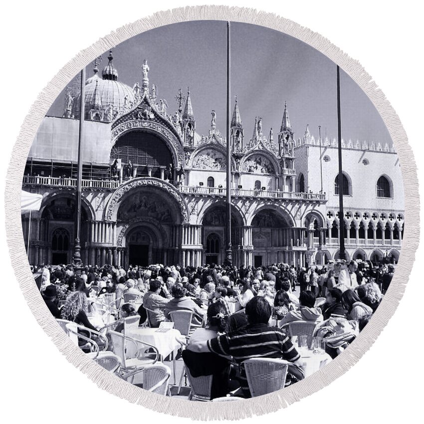 Italian Round Beach Towel featuring the photograph Jazz in Piazza San Marco Black and White by Ramona Matei
