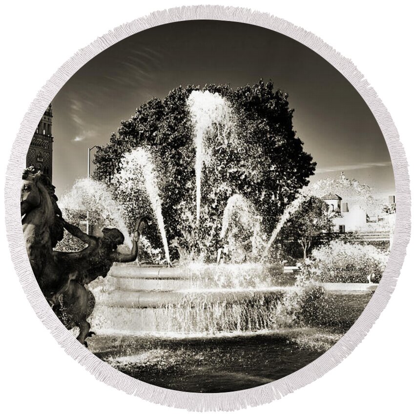 Kansas City Round Beach Towel featuring the photograph JC Nichols Memorial Fountain BW 1 by Andee Design