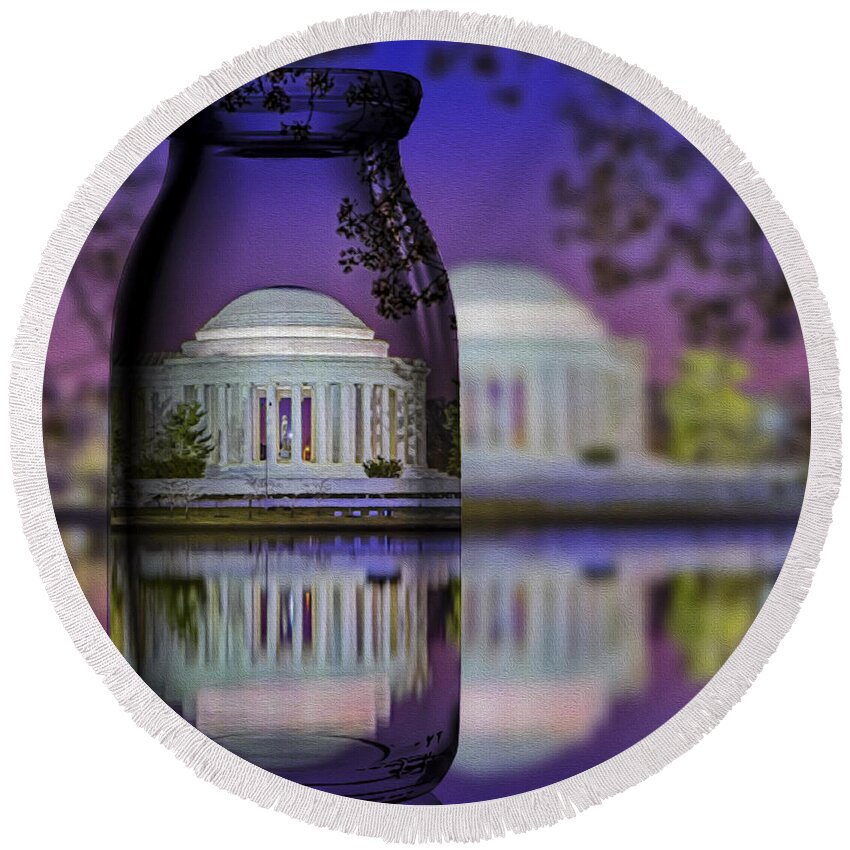 Thomas Jefferson Memorial Round Beach Towel featuring the photograph Jefferson Memorial In A Bottle by Susan Candelario
