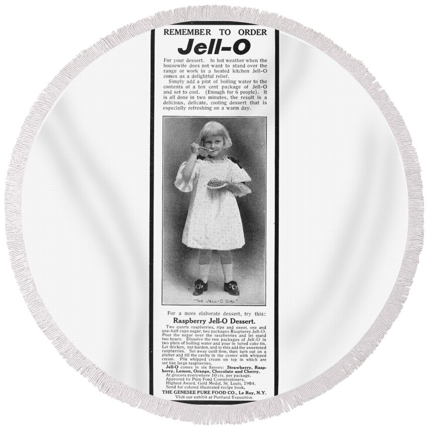 1905 Round Beach Towel featuring the photograph Jell-o Advertisement, 1905 by Granger