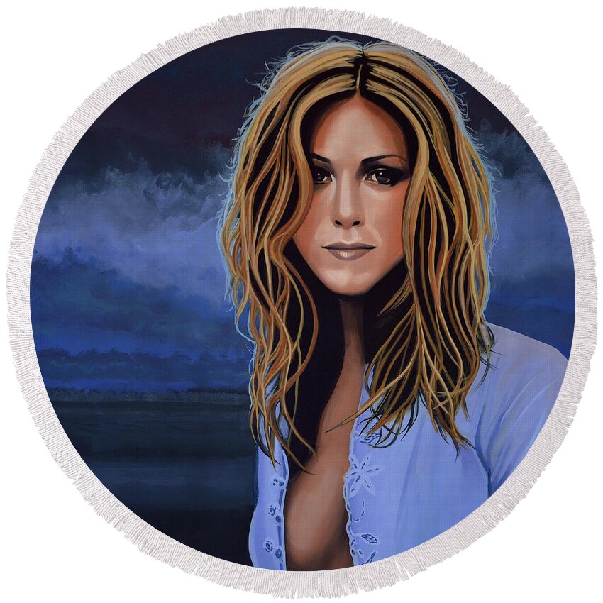 Jennifer Aniston Round Beach Towel featuring the painting Jennifer Aniston Painting by Paul Meijering