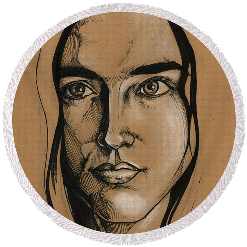Portrait Round Beach Towel featuring the drawing Jennifer Connelly by John Ashton Golden