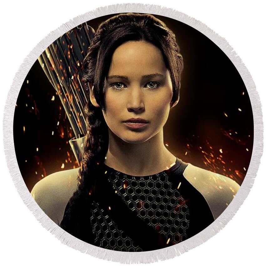 Jennifer Shrader Lawrence Round Beach Towel featuring the digital art Jennifer Lawrence as Katniss Everdeen by Movie Poster Prints