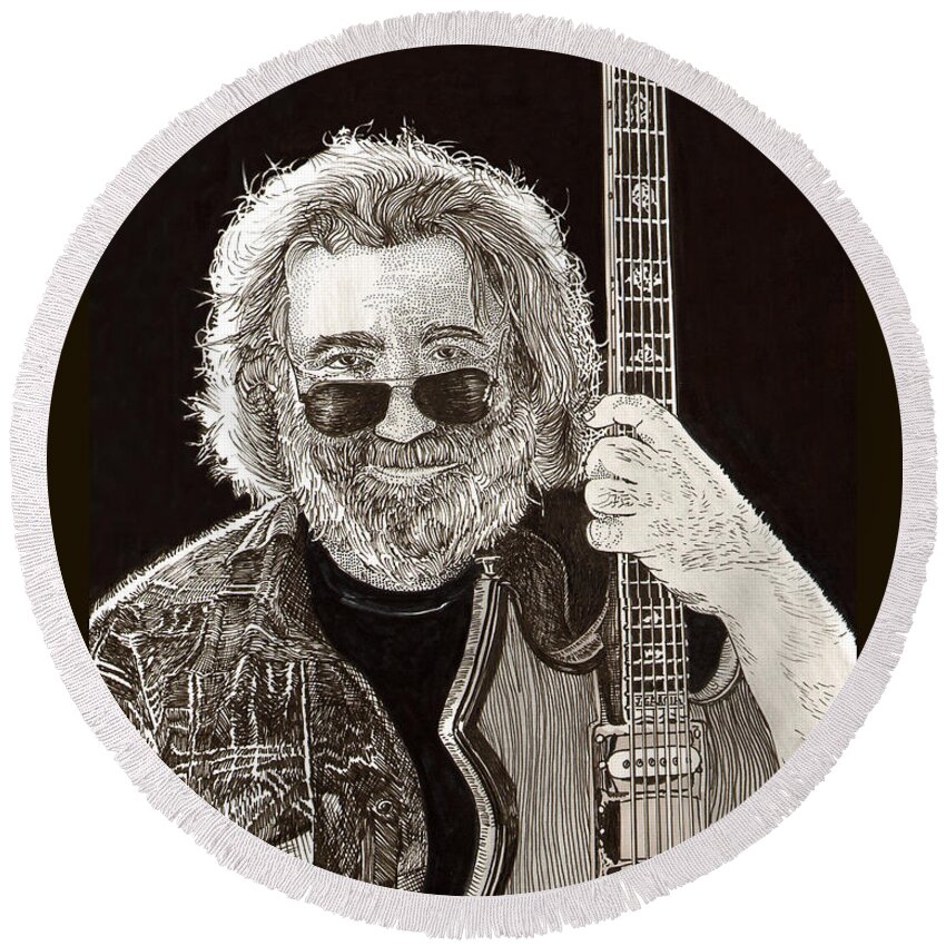 Thank You For Buying A 72 X 48 Canvas Print Of Jerome John Jerry Garcia Who Was An American Musician Who Was Best Known For His Lead Guitar Work Round Beach Towel featuring the drawing Jerry Garcia String Beard Guitar by Jack Pumphrey