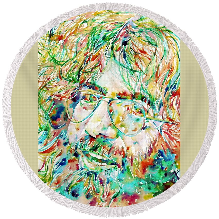 Jerry Round Beach Towel featuring the painting JERRY GARCIA watercolor portrait.1 by Fabrizio Cassetta