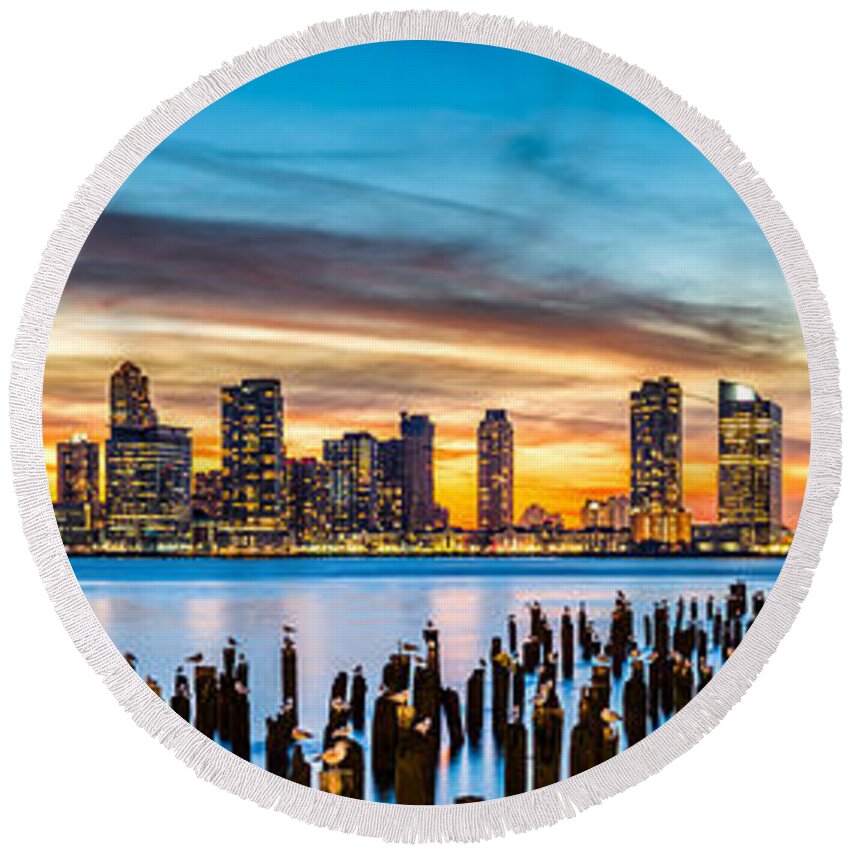 America Round Beach Towel featuring the photograph Jersey City panorama at sunset by Mihai Andritoiu