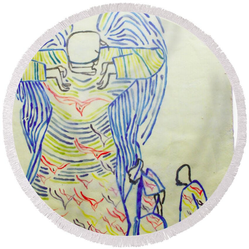 Jesus Round Beach Towel featuring the painting Jesus Guardian Angel by Gloria Ssali