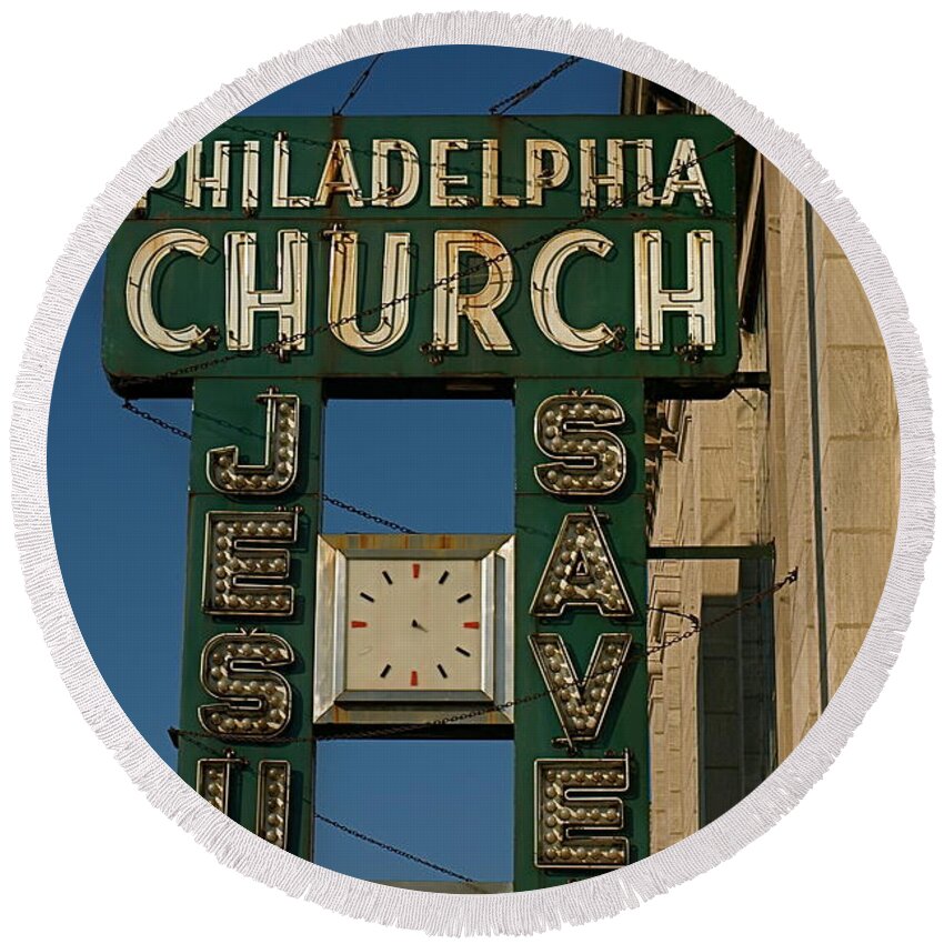 Philadelphia Church Round Beach Towel featuring the photograph Jesus Saves by Gia Marie Houck