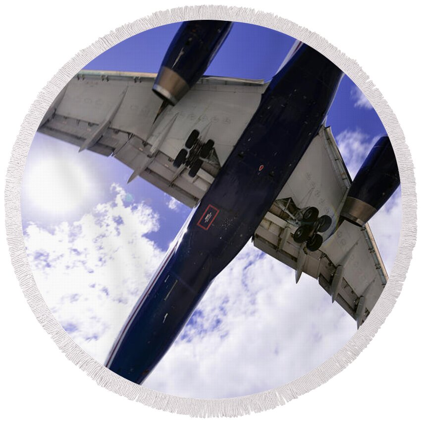 St Martin - Airplanes Round Beach Towel featuring the photograph Jet Under Belly 2 by Matt Swinden