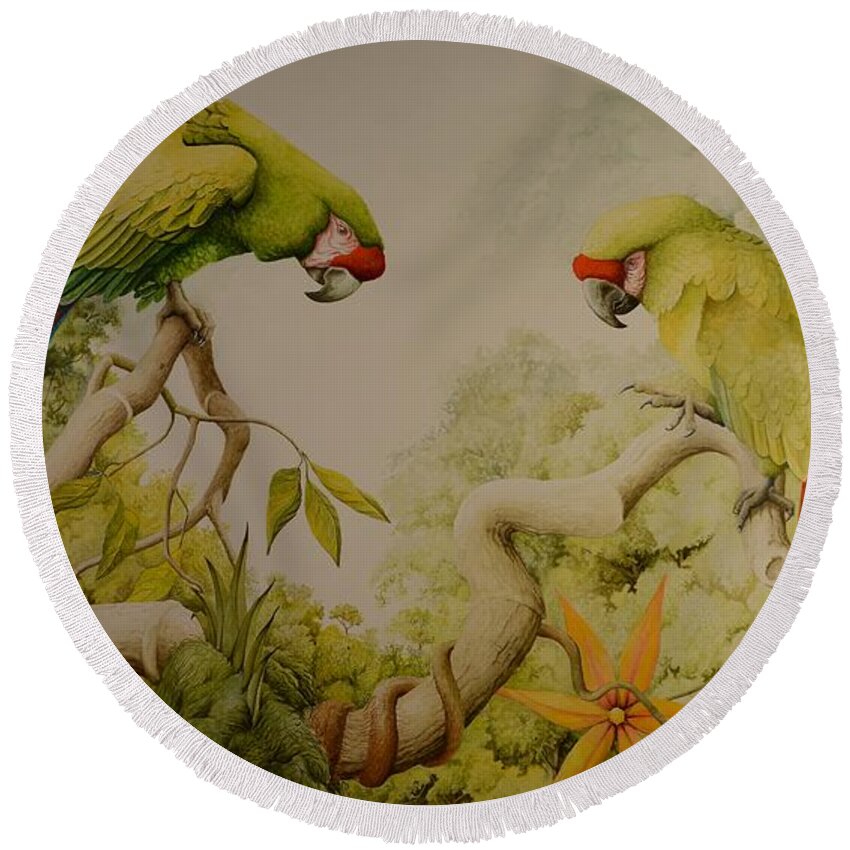 Watercolor Round Beach Towel featuring the painting Jewels of the Rain Forest Military Macaws by Charles Owens