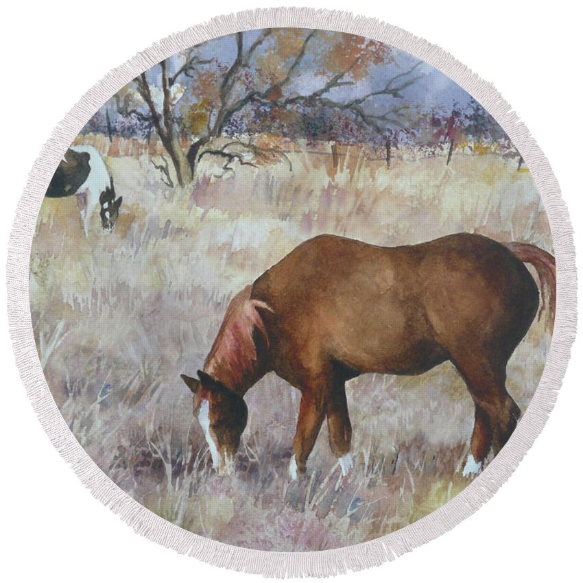 Horse Painting Round Beach Towel featuring the painting Jill's Horses on a November Day by Anne Gifford