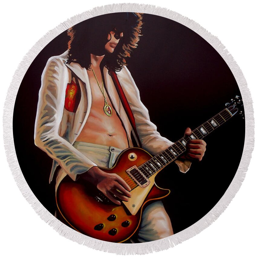 Jimmy Page Round Beach Towel featuring the painting Jimmy Page in Led Zeppelin Painting by Paul Meijering