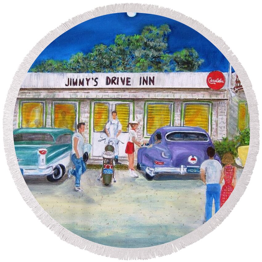 Landscape Round Beach Towel featuring the painting Jimmy's Drive Inn by Linda Cabrera