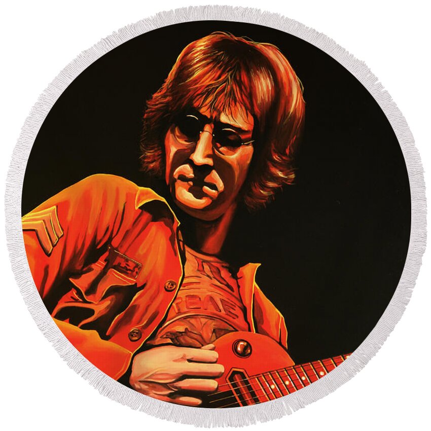 John Lennon Round Beach Towel featuring the painting John Lennon Painting by Paul Meijering