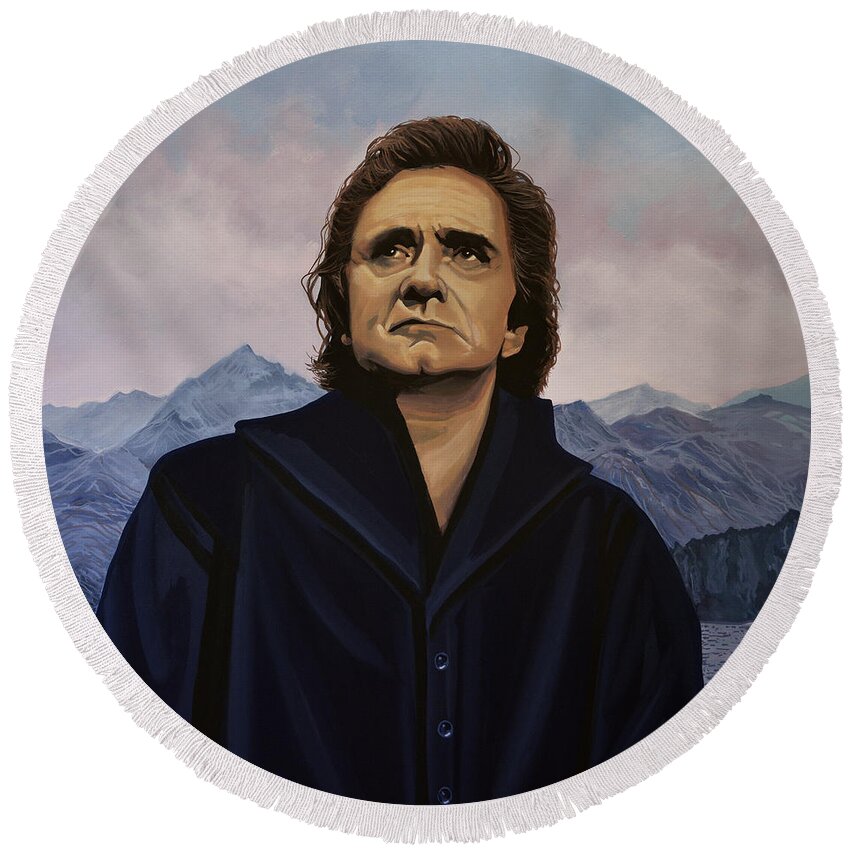 Johnny Cash Round Beach Towel featuring the painting Johnny Cash Painting by Paul Meijering