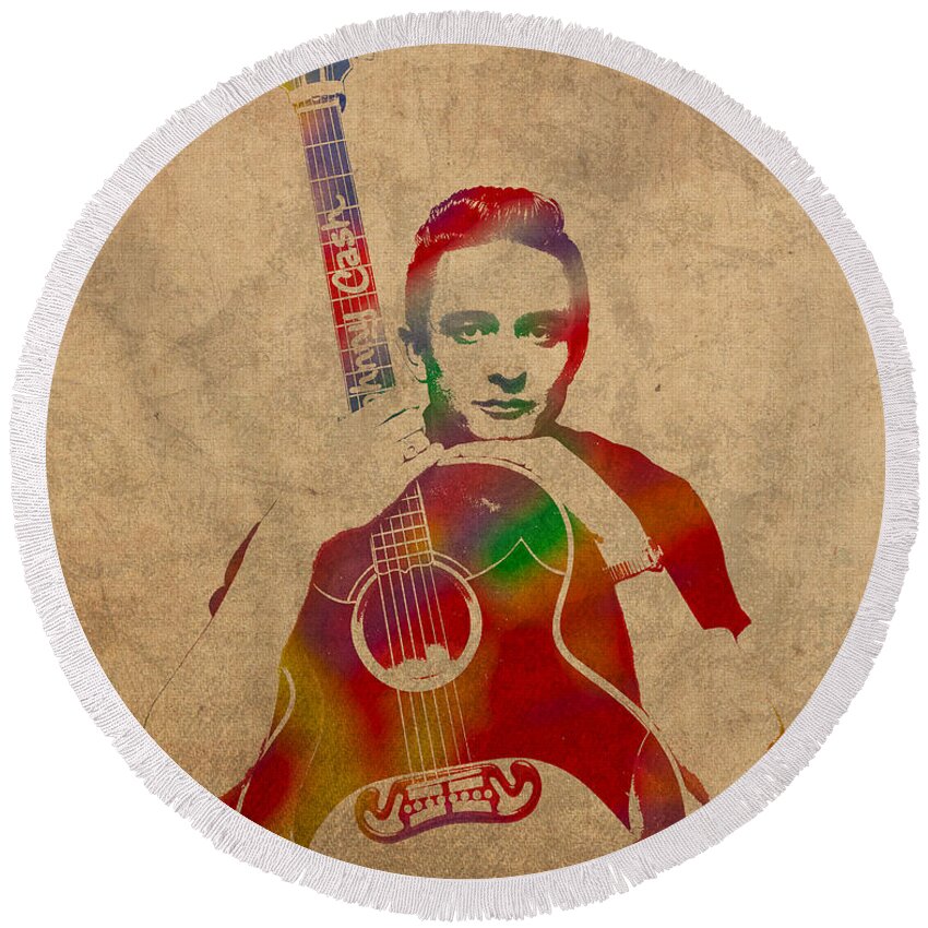 Johnny Round Beach Towel featuring the mixed media Johnny Cash Watercolor Portrait on Worn Distressed Canvas by Design Turnpike