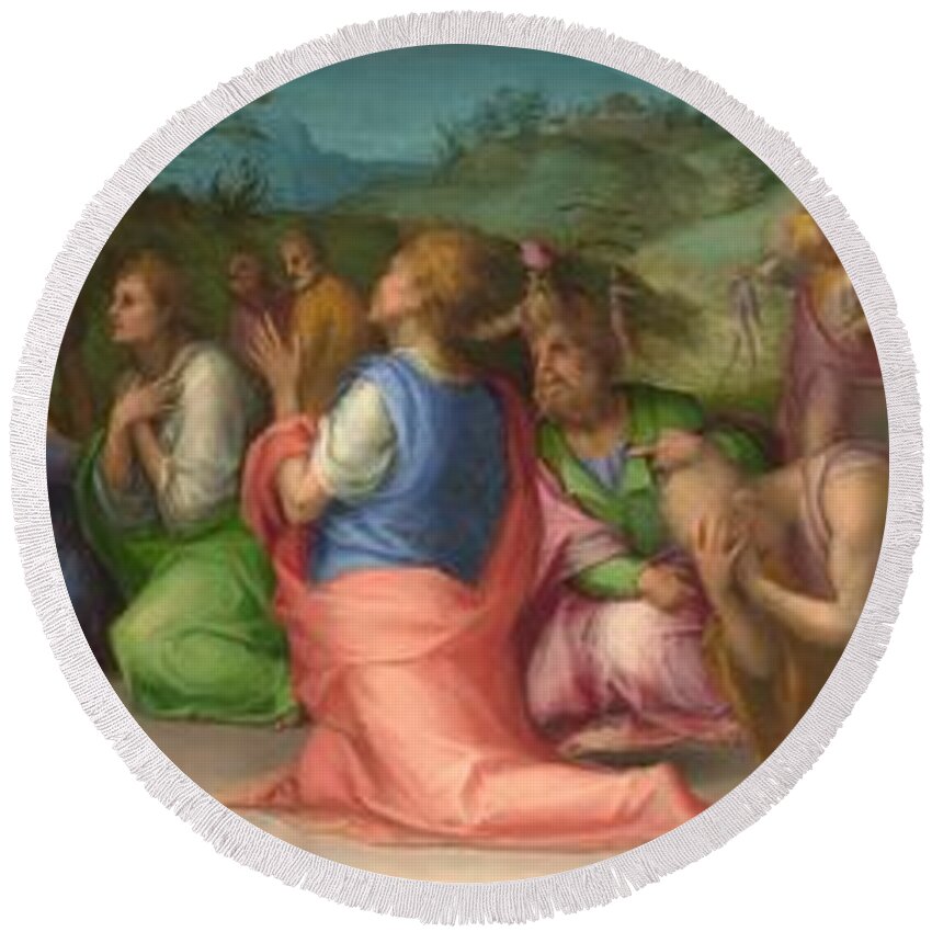 1515 Round Beach Towel featuring the painting Joseph's Brothers beg for Help by Jacopo Pontormo