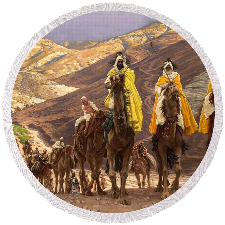 Christmas Round Beach Towel featuring the painting Journey of the Magi by Tissot