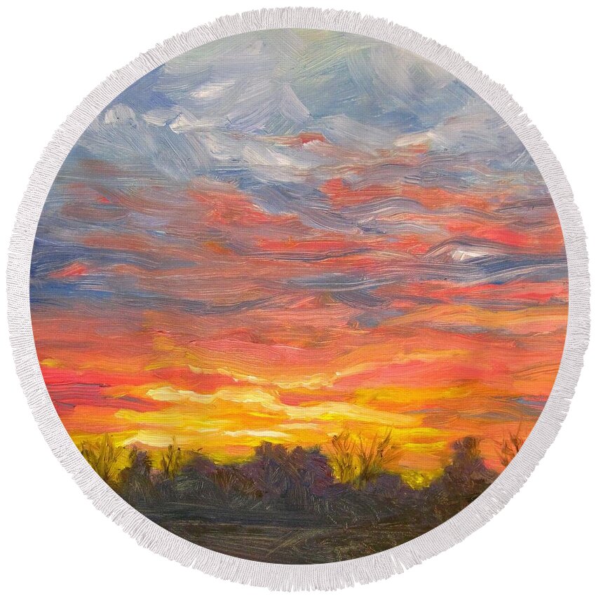 Sunset Round Beach Towel featuring the painting Joyful Sunset by Robie Benve