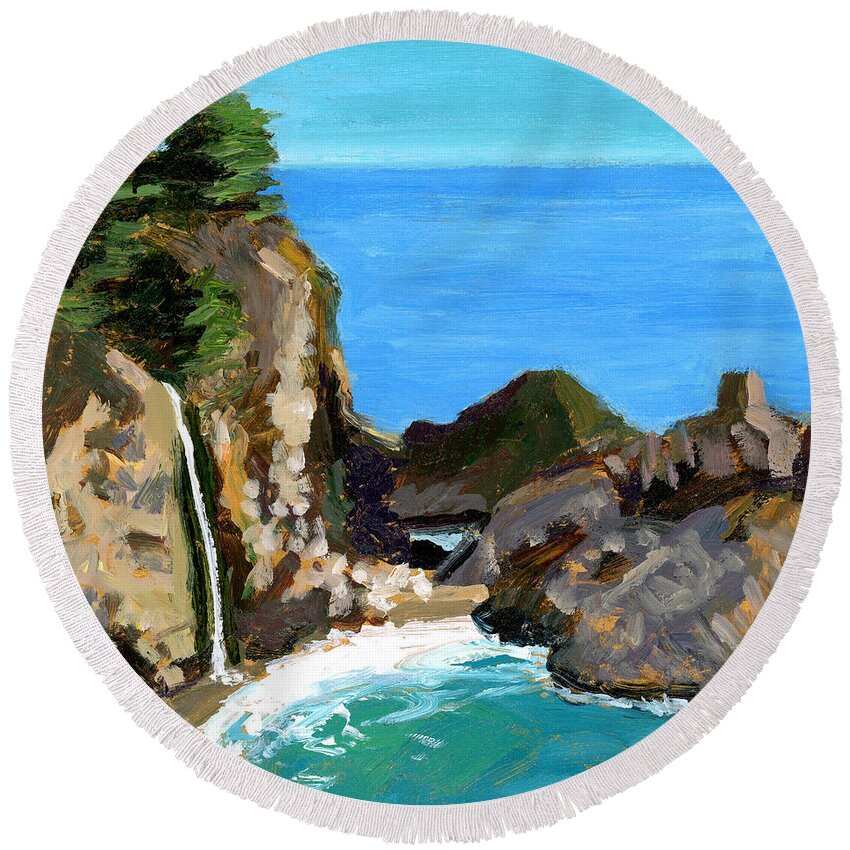 Ocean View Round Beach Towel featuring the painting Julia's Waterfall by Alice Leggett