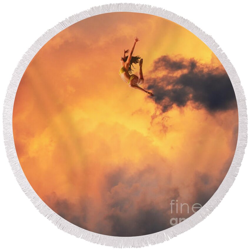 Surreal Round Beach Towel featuring the digital art 'Jump into the Fire' by Suzette Kallen