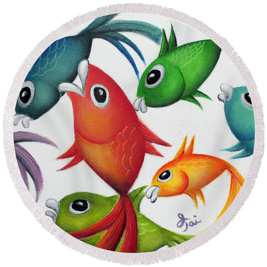 Whimsical Fish Round Beach Towel featuring the painting Jumpalaya by Oiyee At Oystudio