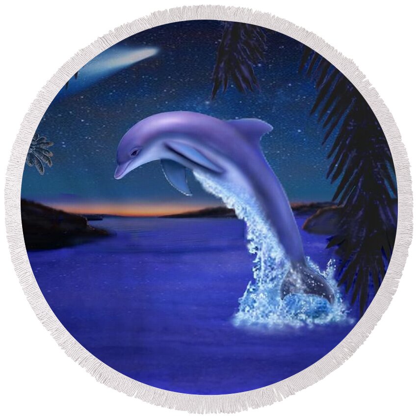 Dolphin Art Round Beach Towel featuring the digital art Jumping For Joy by Glenn Holbrook