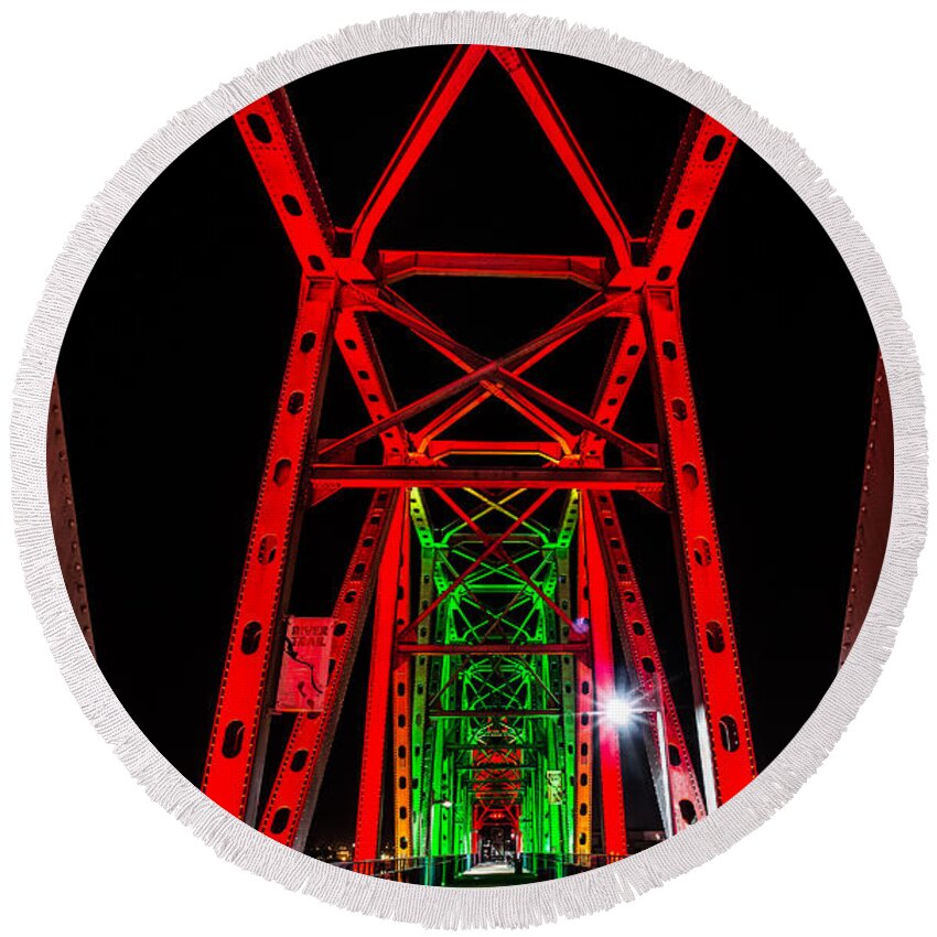 Junction Bridge Round Beach Towel featuring the photograph Junction Bridge - Red by David Downs