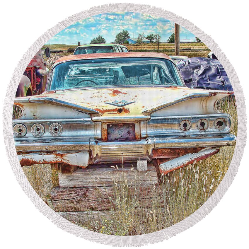 1960's Chevrolet Impala Round Beach Towel featuring the photograph Junkyard Series 1960's Chevrolet Impala by Cathy Anderson
