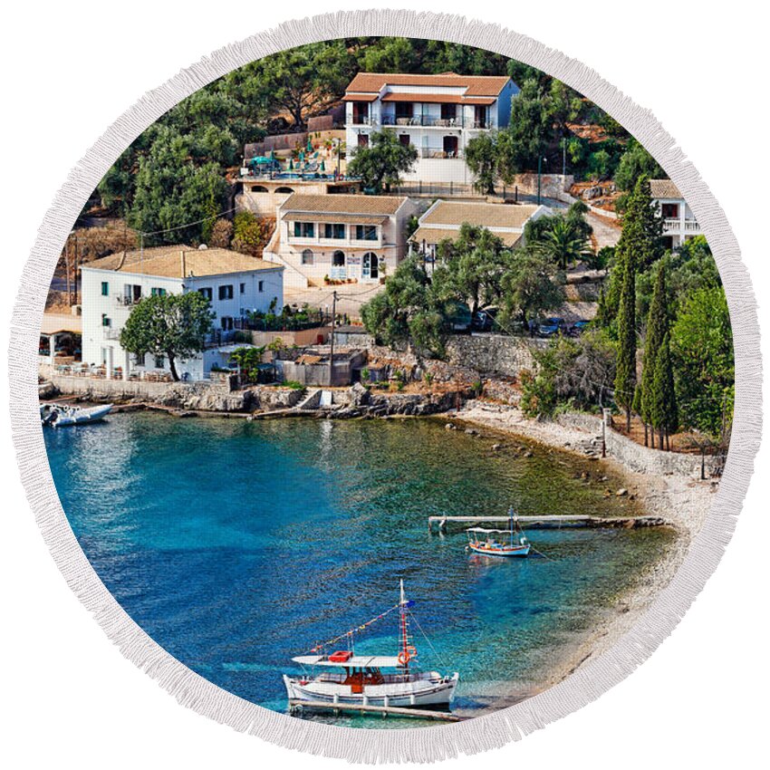 Kalami Round Beach Towel featuring the photograph Kalami village at Corfu - Greece by Constantinos Iliopoulos