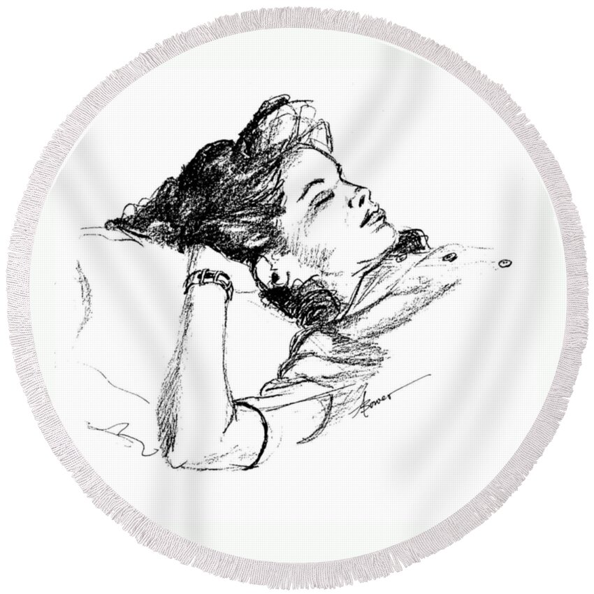 Girl Round Beach Towel featuring the painting Karen's Nap by Adele Bower