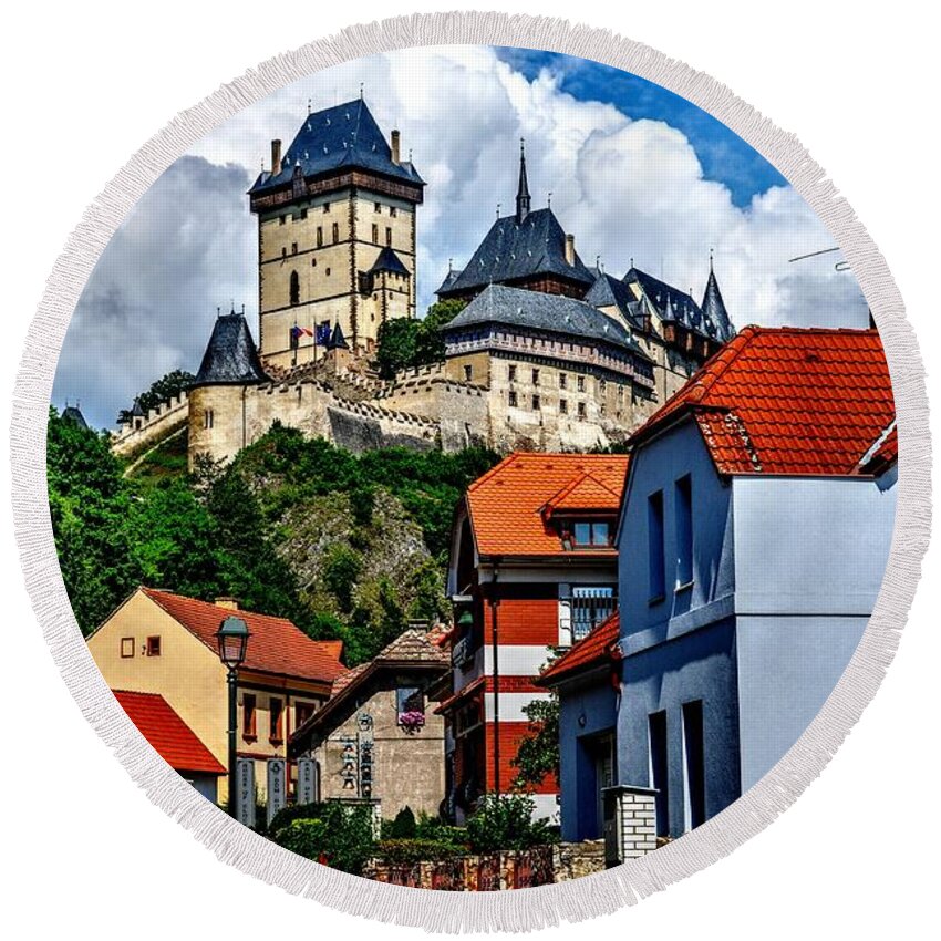 Czech Republic Round Beach Towel featuring the photograph Karlstejn Castle in Prague by Joe Ng