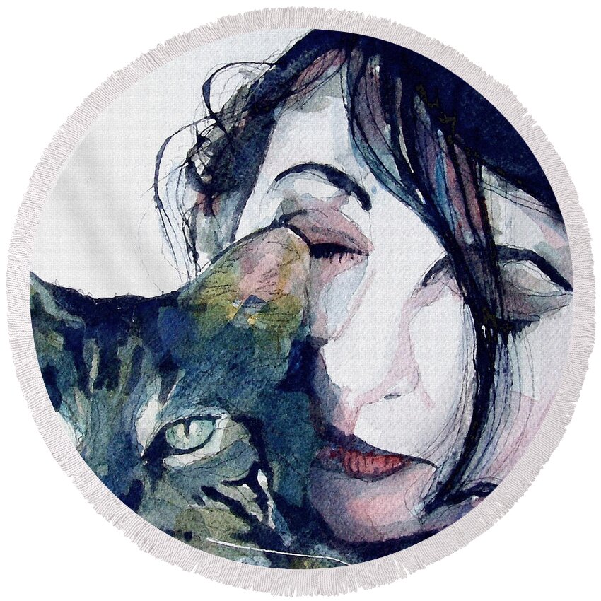 Kate Bush Round Beach Towel featuring the painting Kate and her Cat by Paul Lovering