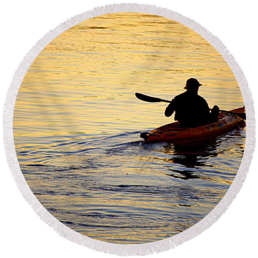 Scenic Round Beach Towel featuring the photograph Kayaker at Sunset by AJ Schibig