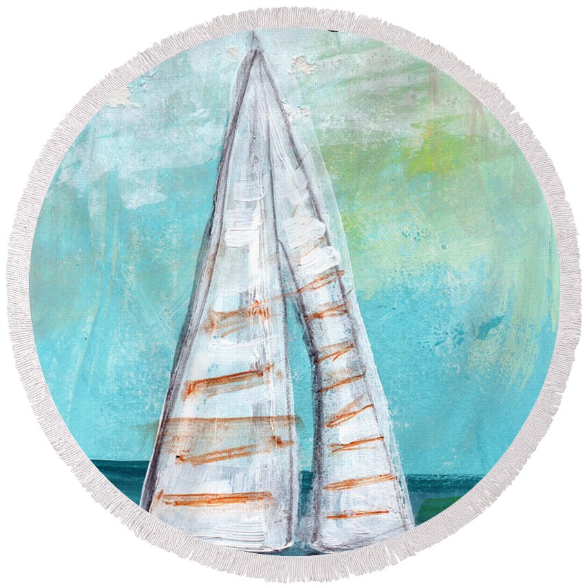 Sailboat Round Beach Towel featuring the painting Keep Going- Sailboat Painting by Linda Woods