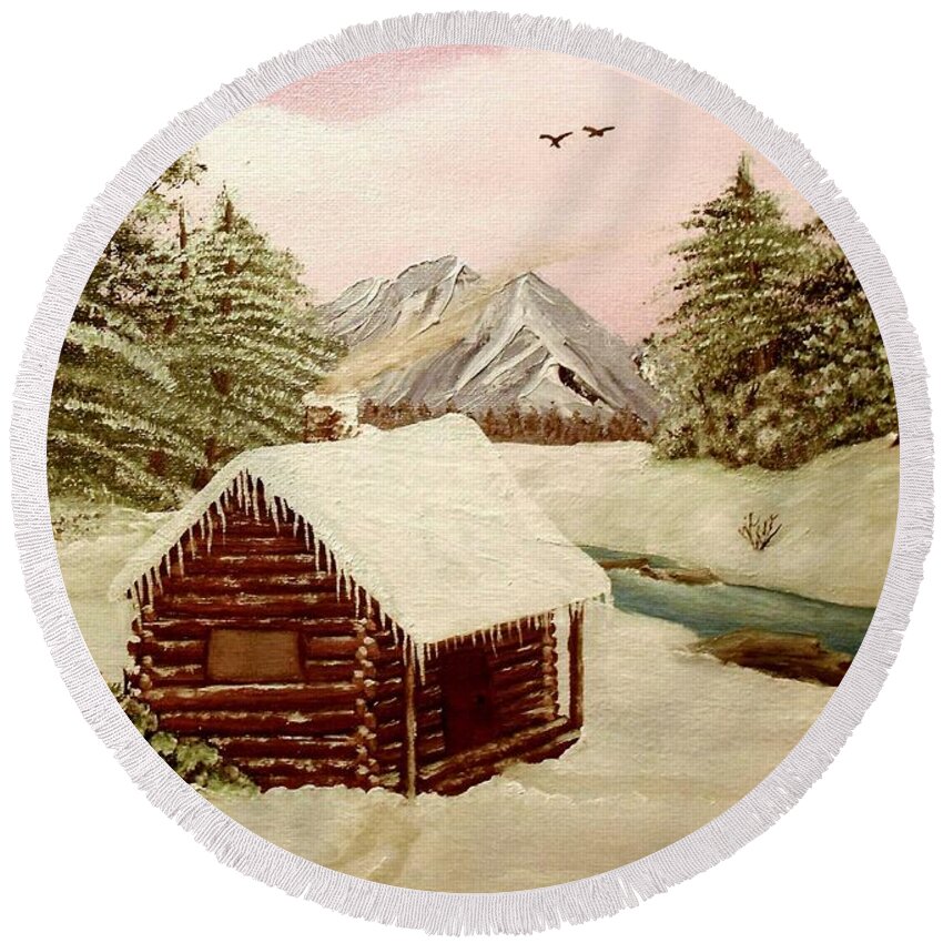 Log Cabin Round Beach Towel featuring the painting Kelly's Retreat by Sheri Keith