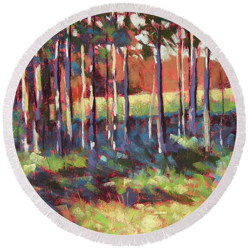 Landscape Round Beach Towel featuring the painting Kelly's Trees by Mary McInnis
