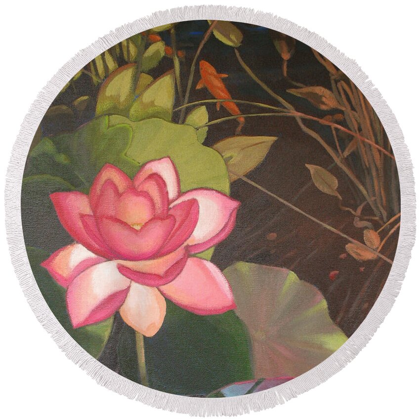 Lotus Flower Round Beach Towel featuring the painting Kenton's Lily by Don Morgan