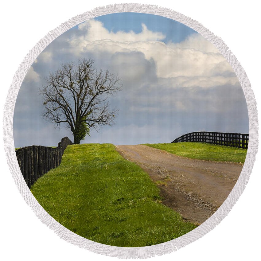 Animal Round Beach Towel featuring the photograph Kentucky Horse Farm Road by Jack R Perry