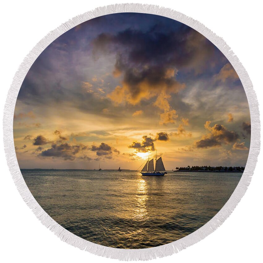 Key Round Beach Towel featuring the photograph Key West Florida Sunset and Sailboat Mallory Square by Robert Bellomy
