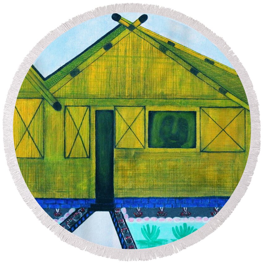 All Apparels Round Beach Towel featuring the painting Kiddie House by Lorna Maza