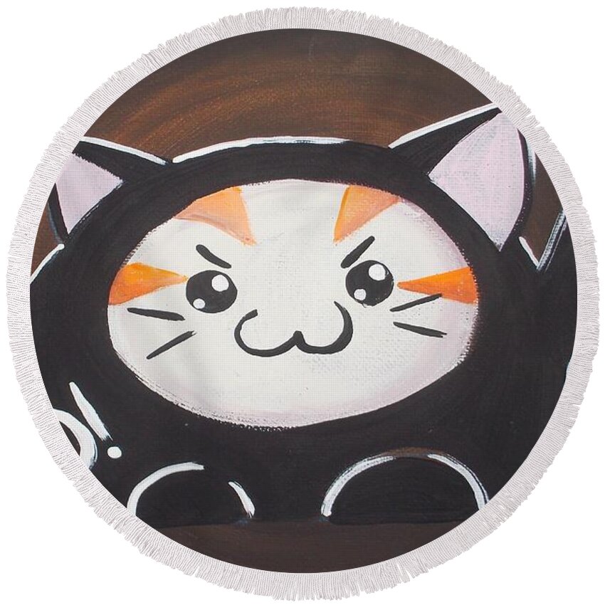 Cute Round Beach Towel featuring the painting Kitty Costume by Marisela Mungia